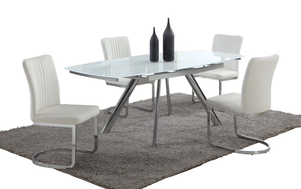 Contemporary Dining Set w/ Extendable Starphire Glass Table & 4 Channel Back Side Chairs | Modern Motion - ALINA-5PC