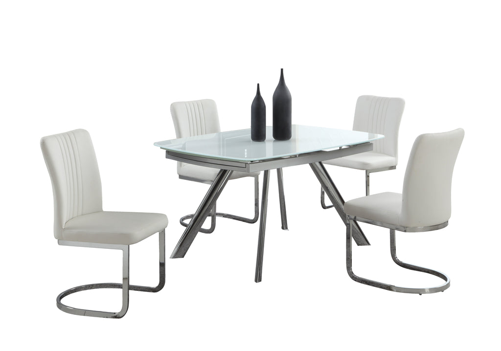 Contemporary Dining Set w/ Extendable Starphire Glass Table & 4 Channel Back Side Chairs | Modern Motion - ALINA-5PC