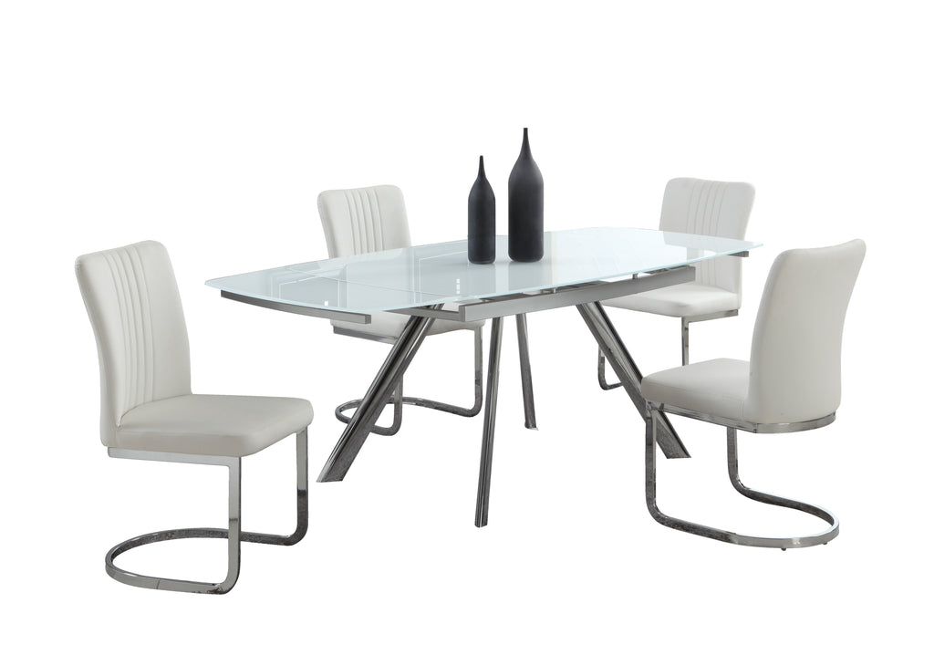 Contemporary Dining Set w/ Extendable Starphire Glass Table & 4 Channel Back Side Chairs | Modern Motion - ALINA-5PC