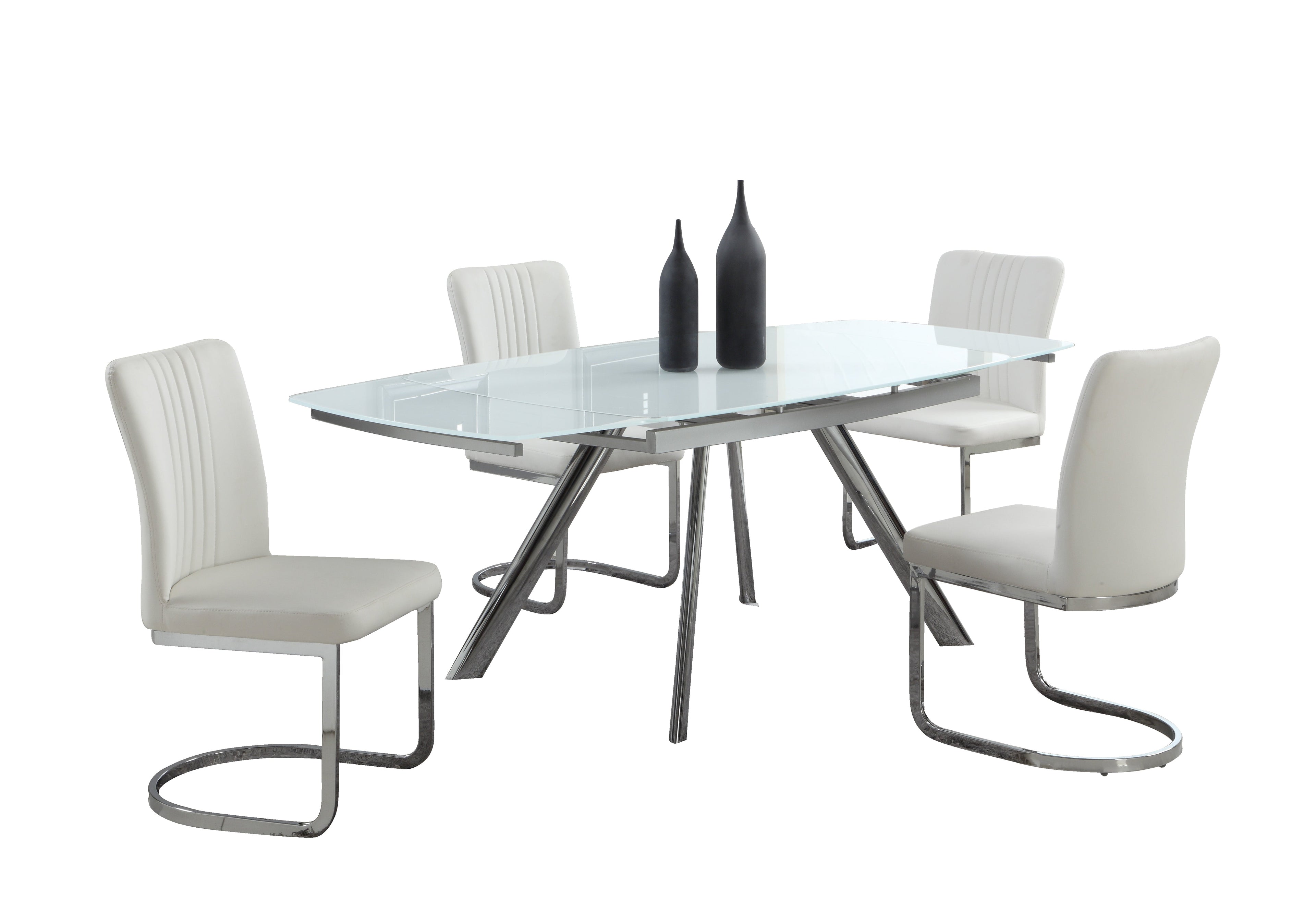 Contemporary Dining Set w/ Extendable Starphire Glass Table & 4 Channel Back Side Chairs | Modern Motion - ALINA-5PC