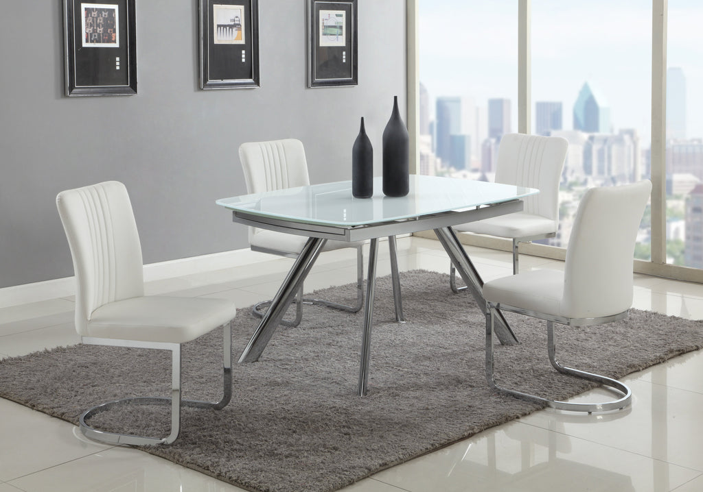 Contemporary Dining Set w/ Extendable Starphire Glass Table & 4 Channel Back Side Chairs | Modern Motion - ALINA-5PC